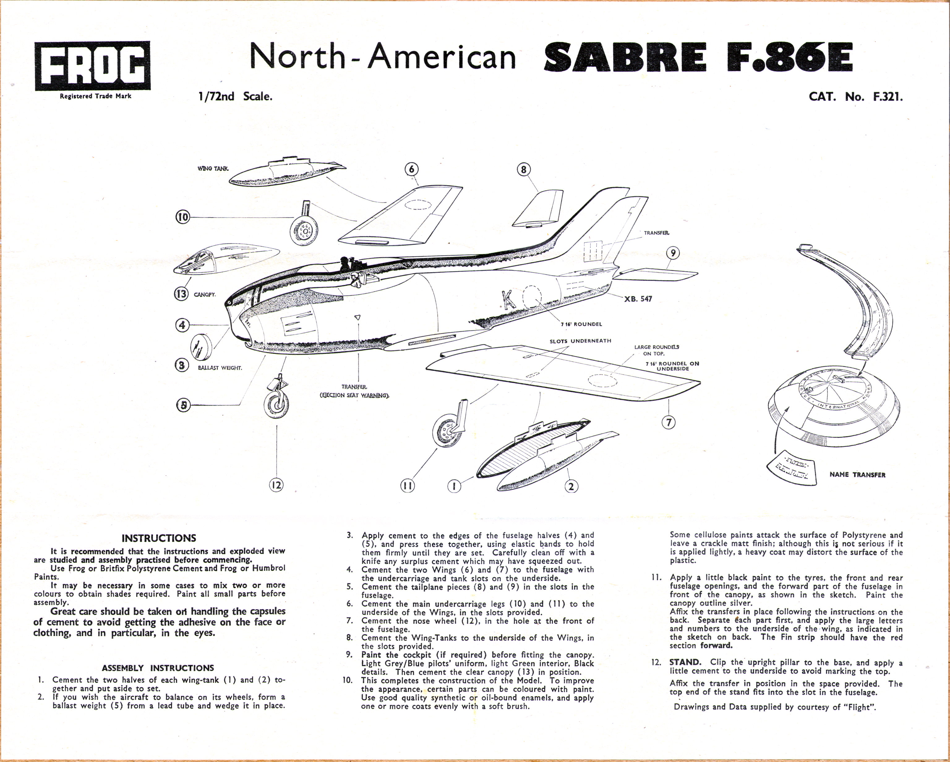 FROG Red Series F321 North American Sabre F-86E Swept Wing Jet Fighter, IMA, 1965, assembly instruction